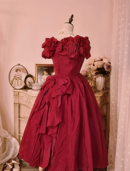Vintage Court Rot Schleife Carmen-Ausschnitt Satin Ballkleid Abendkleid P4294