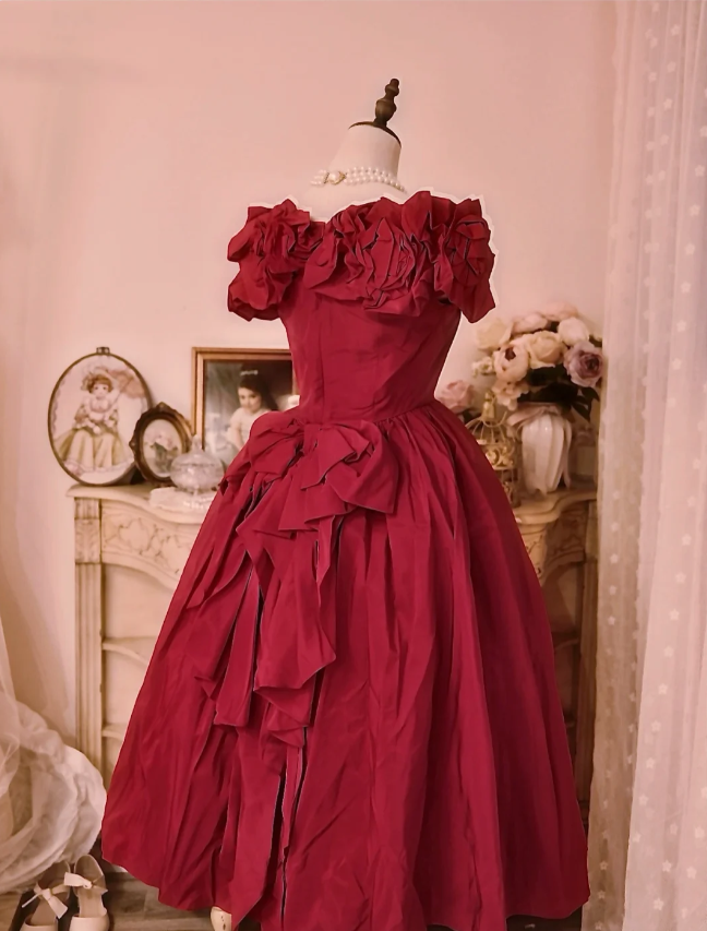 Vintage Court Rot Schleife Carmen-Ausschnitt Satin Ballkleid Abendkleid P4294