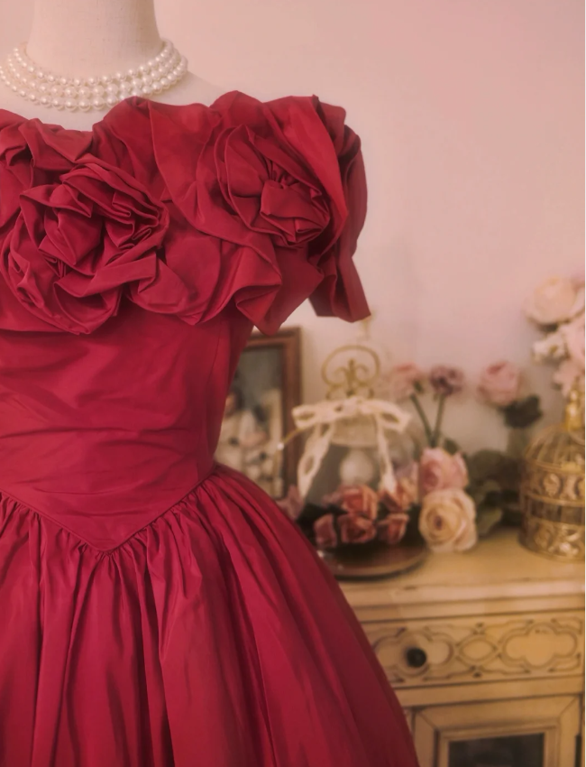 Vintage Court Rot Schleife Carmen-Ausschnitt Satin Ballkleid Abendkleid P4294