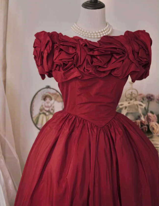 Vintage Court Rot Schleife Carmen-Ausschnitt Satin Ballkleid Abendkleid P4294