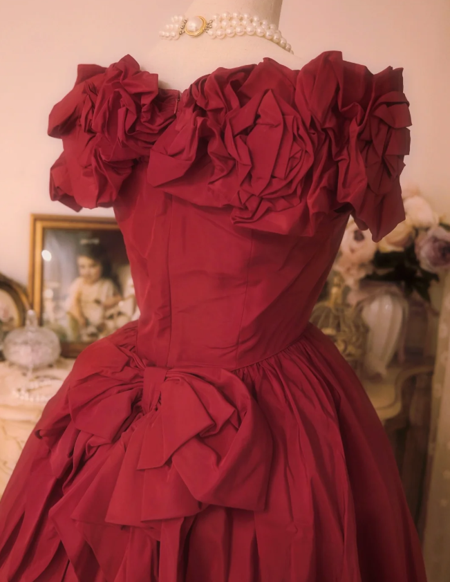 Vintage Court Rot Schleife Carmen-Ausschnitt Satin Ballkleid Abendkleid P4294