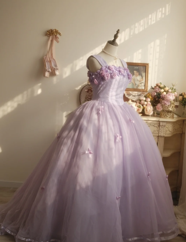 Süße Prinzessin Hellviolettes 3D Blumenmuster Quadratischer Ausschnitt Schleife Tüll Ballkleid Abendkleid Sweet 16 Kleid P4295