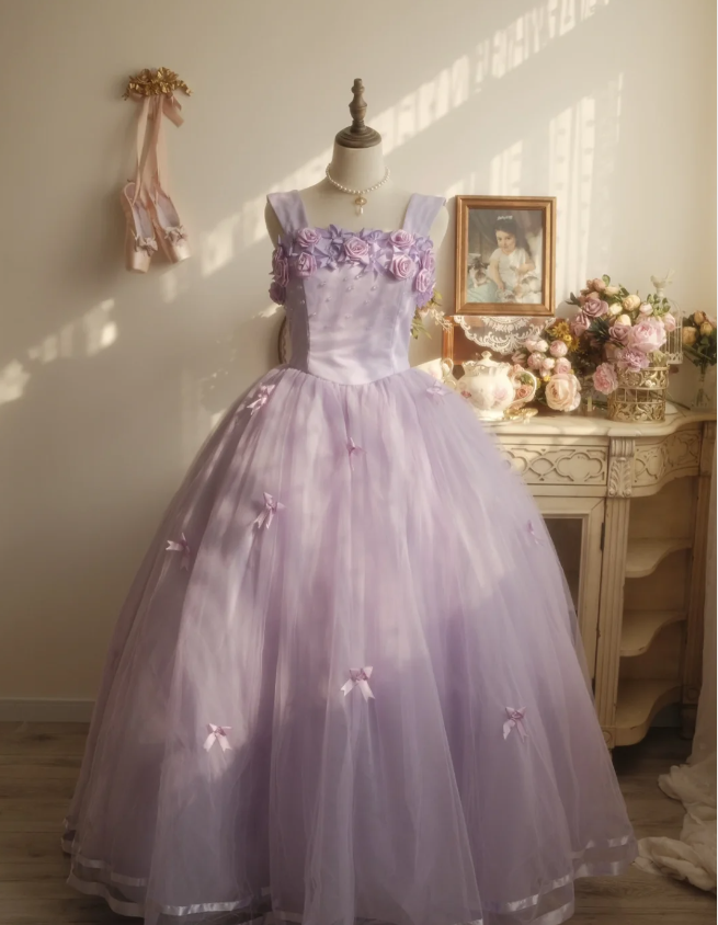 Süße Prinzessin Hellviolettes 3D Blumenmuster Quadratischer Ausschnitt Schleife Tüll Ballkleid Abendkleid Sweet 16 Kleid P4295
