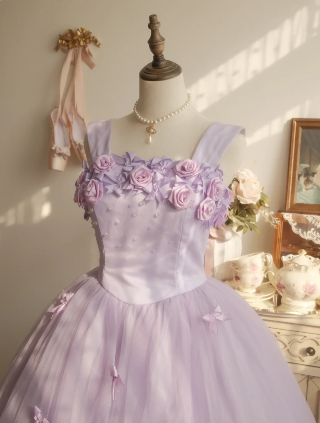 Süße Prinzessin Hellviolettes 3D Blumenmuster Quadratischer Ausschnitt Schleife Tüll Ballkleid Abendkleid Sweet 16 Kleid P4295