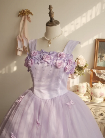 Süße Prinzessin Hellviolettes 3D Blumenmuster Quadratischer Ausschnitt Schleife Tüll Ballkleid Abendkleid Sweet 16 Kleid P4295