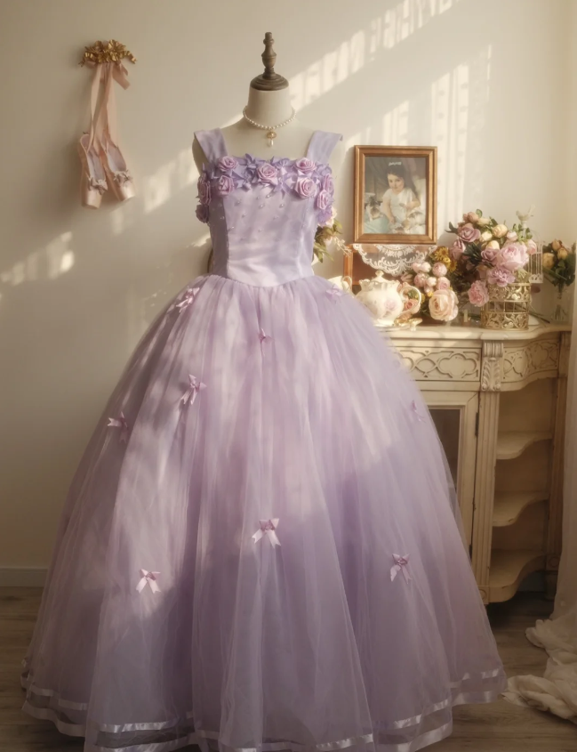Süße Prinzessin Hellviolettes 3D Blumenmuster Quadratischer Ausschnitt Schleife Tüll Ballkleid Abendkleid Sweet 16 Kleid P4295