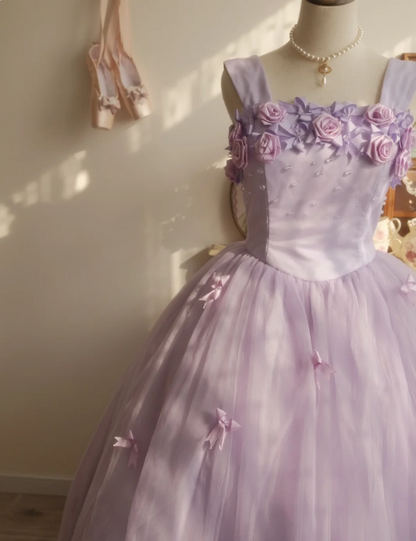 Süße Prinzessin Hellviolettes 3D Blumenmuster Quadratischer Ausschnitt Schleife Tüll Ballkleid Abendkleid Sweet 16 Kleid P4295