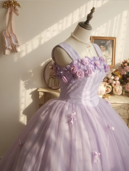 Süße Prinzessin Hellviolettes 3D Blumenmuster Quadratischer Ausschnitt Schleife Tüll Ballkleid Abendkleid Sweet 16 Kleid P4295