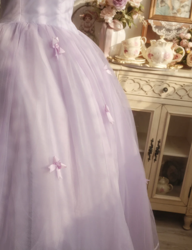 Süße Prinzessin Hellviolettes 3D Blumenmuster Quadratischer Ausschnitt Schleife Tüll Ballkleid Abendkleid Sweet 16 Kleid P4295