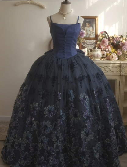 Vintage Elegantes Marineblaues Ballkleid mit Schleife und Stickerei, Tüll, Abendkleid, Sweet 16 Kleid P4296