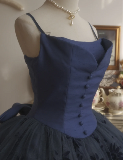 Vintage Elegantes Marineblaues Ballkleid mit Schleife und Stickerei, Tüll, Abendkleid, Sweet 16 Kleid P4296