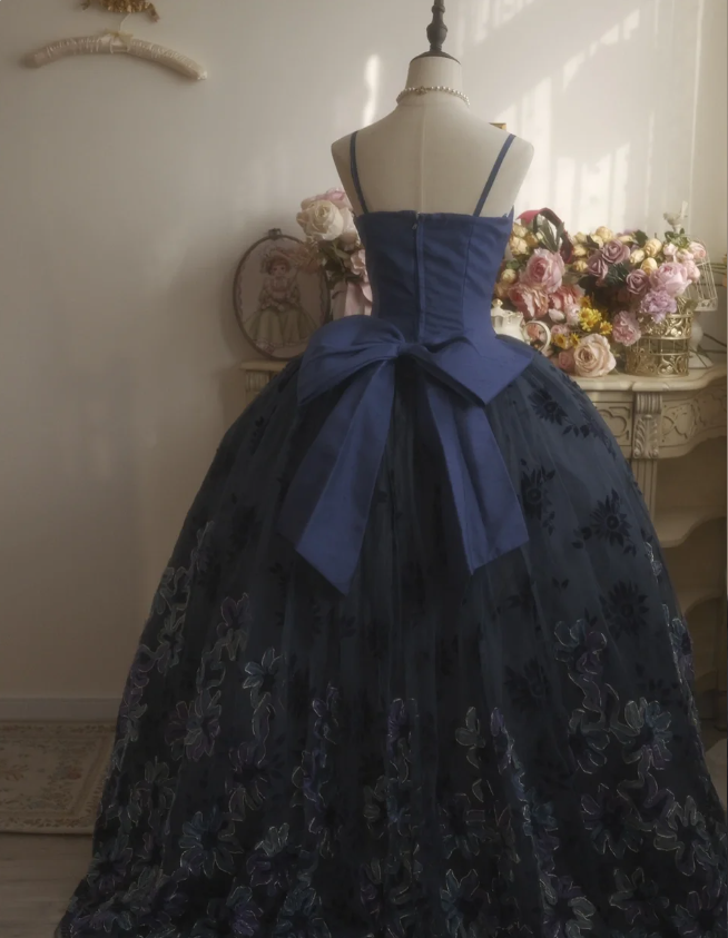 Vintage Elegantes Marineblaues Ballkleid mit Schleife und Stickerei, Tüll, Abendkleid, Sweet 16 Kleid P4296