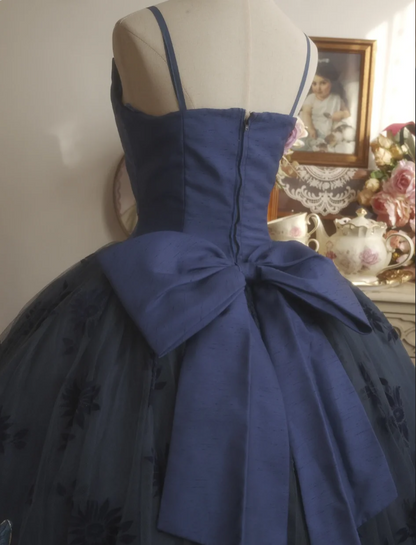 Vintage Elegantes Marineblaues Ballkleid mit Schleife und Stickerei, Tüll, Abendkleid, Sweet 16 Kleid P4296