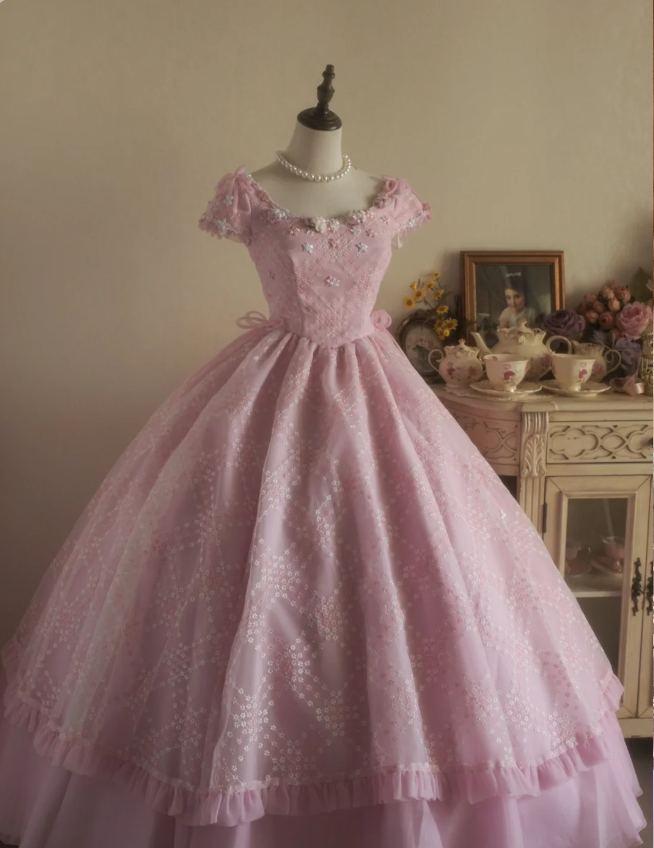 Süße Hof Hellrosa Bestickte Blumen Tüll Ballkleid Abendkleid Sweet 16 Kleid P4297