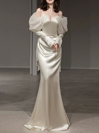 Rückenfreies, gespleißtes Satin-Langarm-Kleid mit U-Boot-Ausschnitt, figurbetontes Ballkleid, Party-Outfits P445