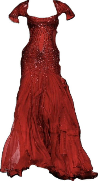 Classy Mermaid U Neckline Short Sleeves Burgundy Long Prom Dresses Evening Gowns P2318