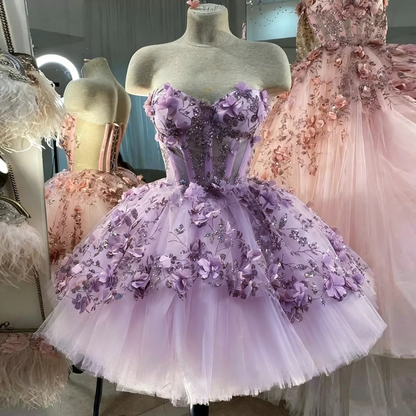 Robes de bal roses chic, fleurs faites à la main, tenues pour le 18ème anniversaire P1841