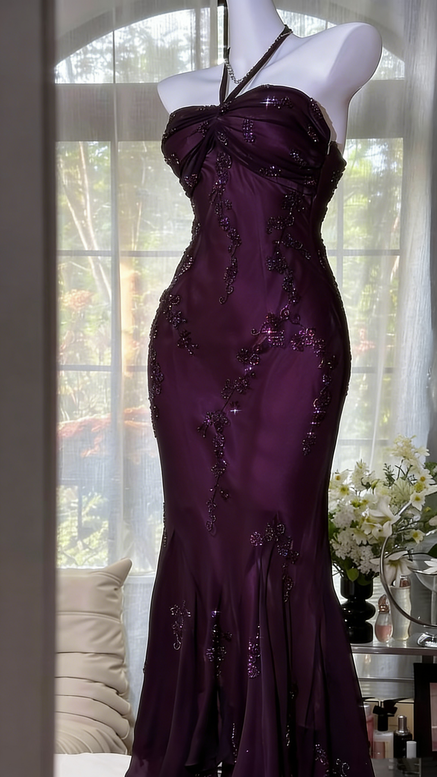 Luxuriöses dunkelgrünes Meerjungfrauen-Abendkleid aus Chiffon mit Perlenstickerei P4032