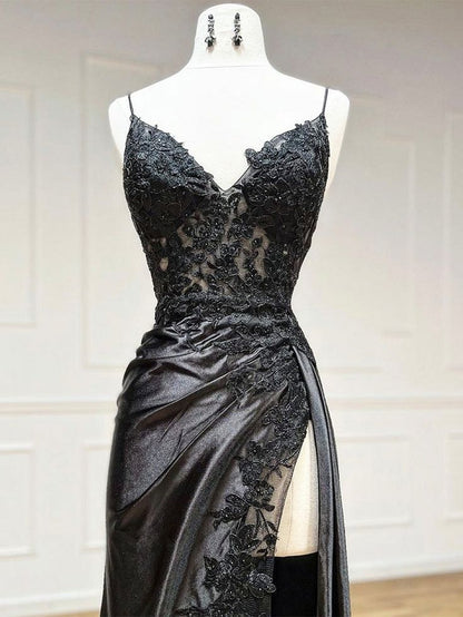 Robe de bal longue en satin et dentelle à col en V, Robe de soirée longue en dentelle Tenues d'anniversaire P444