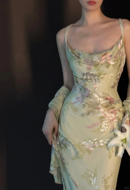 Vintage Hellgrünes bedrucktes Meerjungfrau-Träger Chiffon Langes Ballkleid Abendkleid P4030