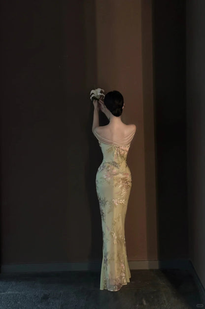 Vintage Hellgrünes bedrucktes Meerjungfrau-Träger Chiffon Langes Ballkleid Abendkleid P4030