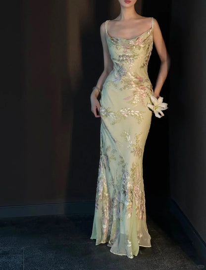 Vintage Hellgrünes bedrucktes Meerjungfrau-Träger Chiffon Langes Ballkleid Abendkleid P4030