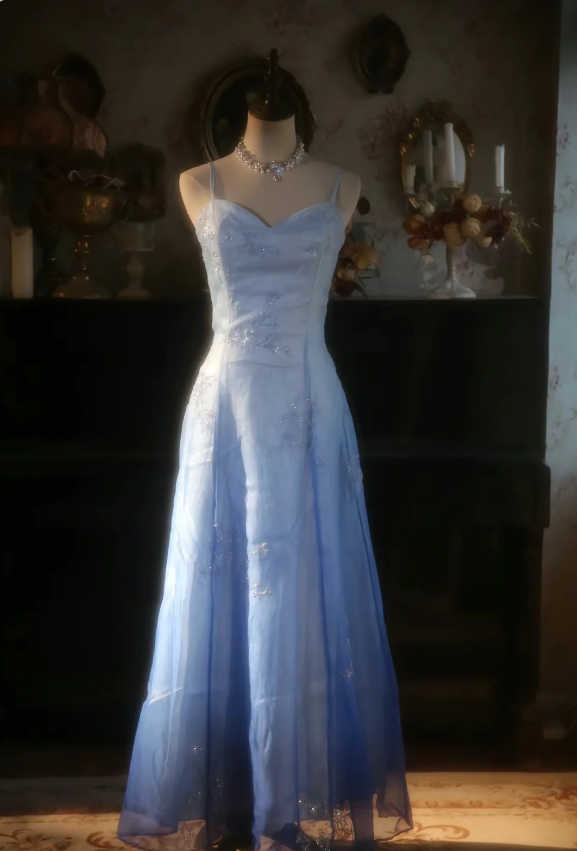 Vintage Gradient Hellblau A-Linie Spaghettiträger Perlen Tüll Langes Ballkleid Abendkleid P4300