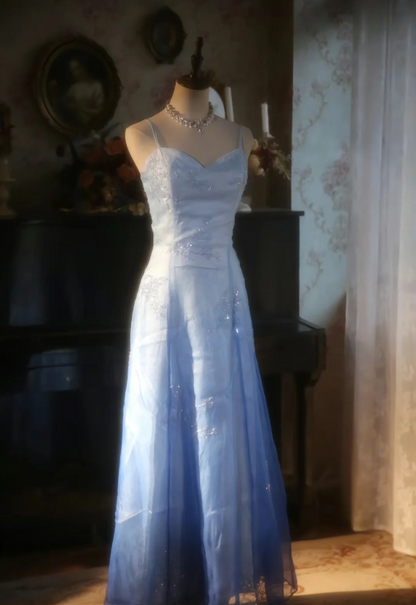 Vintage Gradient Hellblau A-Linie Spaghettiträger Perlen Tüll Langes Ballkleid Abendkleid P4300