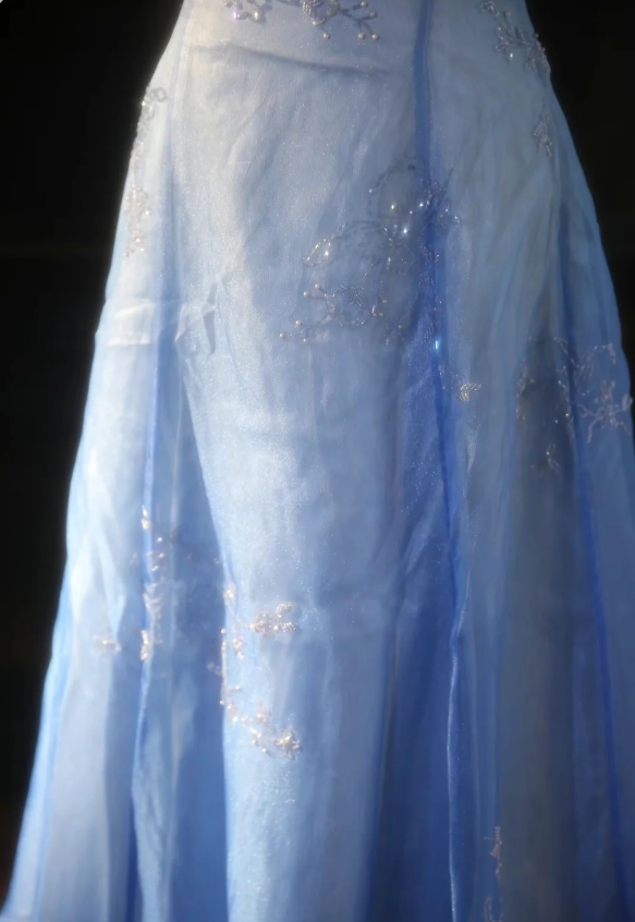 Vintage Gradient Hellblau A-Linie Spaghettiträger Perlen Tüll Langes Ballkleid Abendkleid P4300