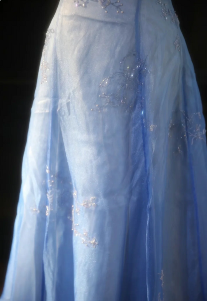 Vintage Gradient Hellblau A-Linie Spaghettiträger Perlen Tüll Langes Ballkleid Abendkleid P4300