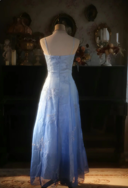 Vintage Gradient Hellblau A-Linie Spaghettiträger Perlen Tüll Langes Ballkleid Abendkleid P4300