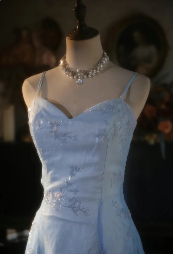 Vintage Gradient Hellblau A-Linie Spaghettiträger Perlen Tüll Langes Ballkleid Abendkleid P4300