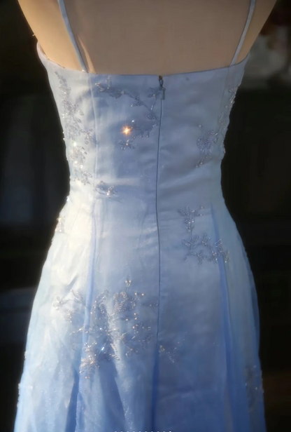 Vintage Gradient Hellblau A-Linie Spaghettiträger Perlen Tüll Langes Ballkleid Abendkleid P4300