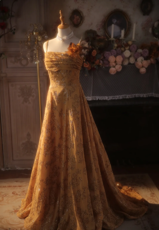Robe de bal/soirée vintage orange trapèze à fines bretelles et à traîne fleurie à sequins P4302