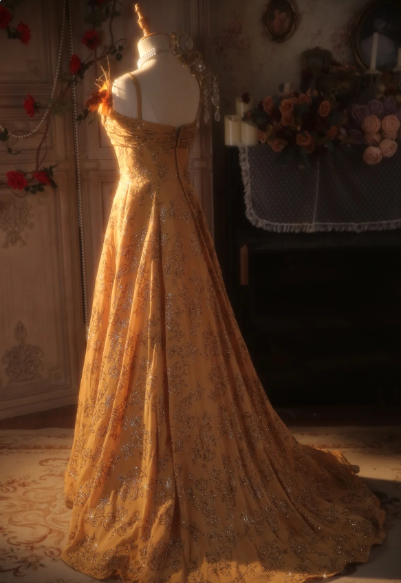 Vintage Orange A-line Spaghetti Strap Sequined Floral Train Prom Dress Evening Dress P4302