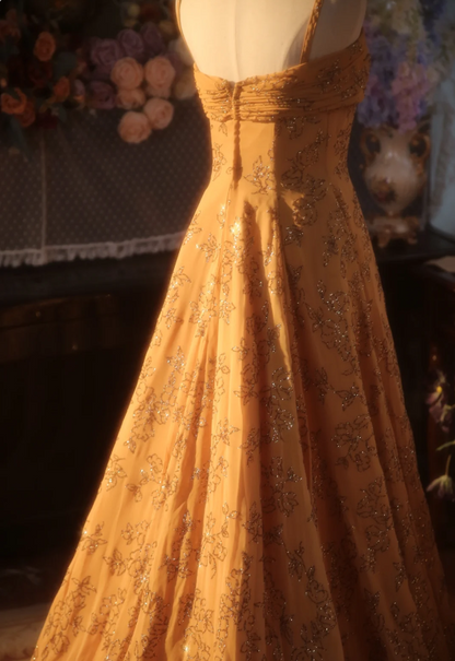 Vintage Orange A-line Spaghetti Strap Sequined Floral Train Prom Dress Evening Dress P4302