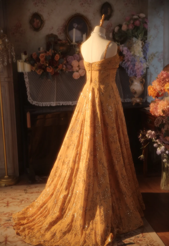 Vintage Orange A-line Spaghetti Strap Sequined Floral Train Prom Dress Evening Dress P4302