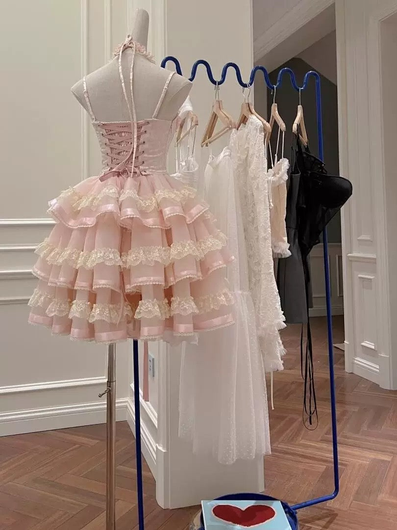 Prinzessin Herzförmiger Kragen Schleife Fischgrätenmuster Spitzenbesatz Flauschiges 17. Geburtstag Homecoming Kleid P3781