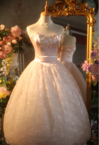 Prinzessin Hellrosa Trägerloses Spitzen-Ballkleid Abendkleid Sweet 16 Kleid P4304