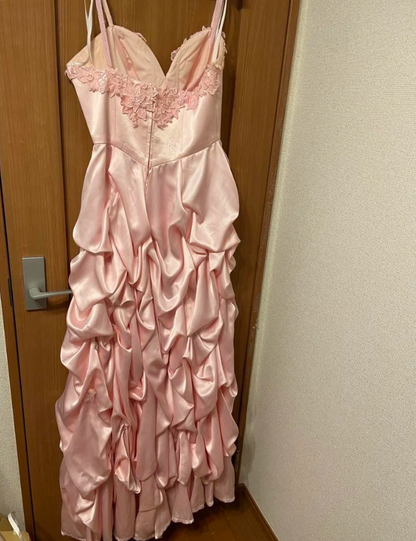 Elegantes pinkes Spaghetti-Träger-Herzausschnitt-Satin-Ballkleid Abendkleid P4305