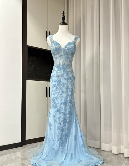 Elegantes blaues Meerjungfrau Schmetterling Besticktes langes Ballkleid Abendkleid P4306