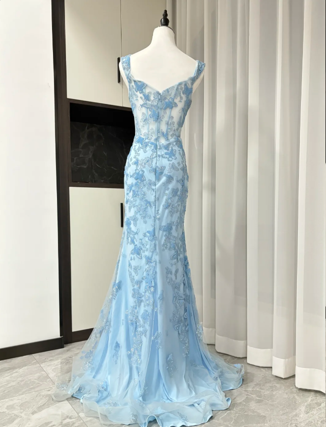 Elegantes blaues Meerjungfrau Schmetterling Besticktes langes Ballkleid Abendkleid P4306