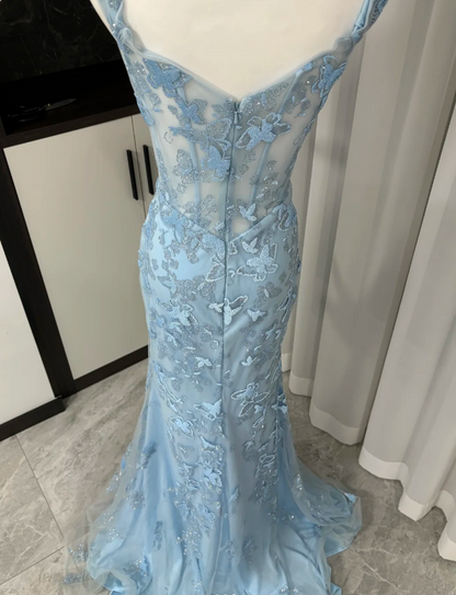 Elegantes blaues Meerjungfrau Schmetterling Besticktes langes Ballkleid Abendkleid P4306
