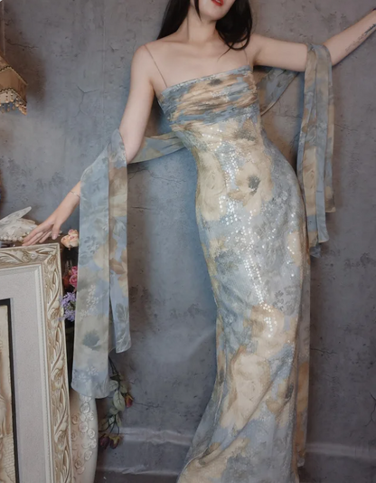Vintage Eng anliegendes Spaghettiträger Pailletten Langes Ballkleid Abendkleid P4308