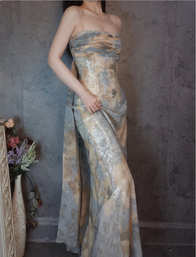 Vintage Eng anliegendes Spaghettiträger Pailletten Langes Ballkleid Abendkleid P4308