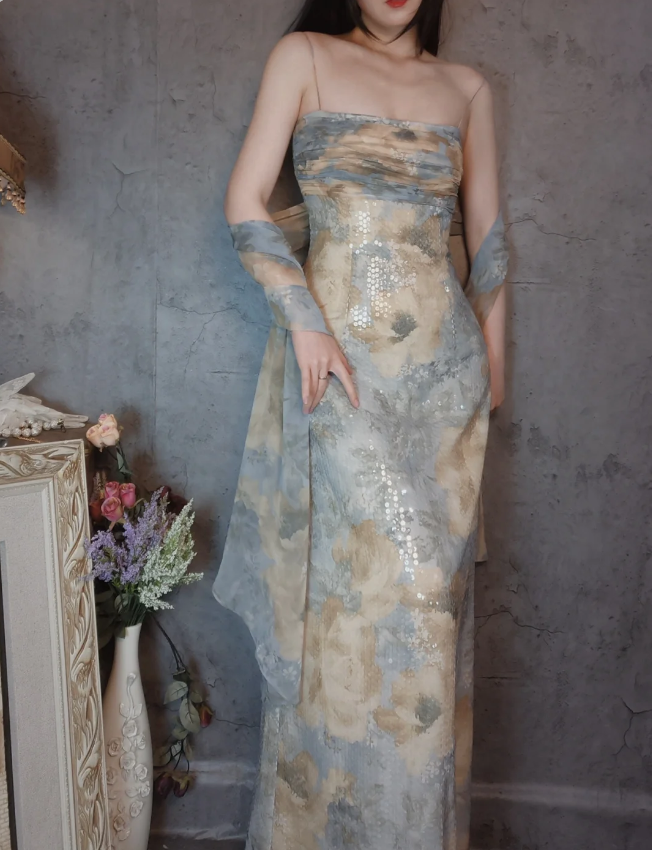 Vintage Eng anliegendes Spaghettiträger Pailletten Langes Ballkleid Abendkleid P4308