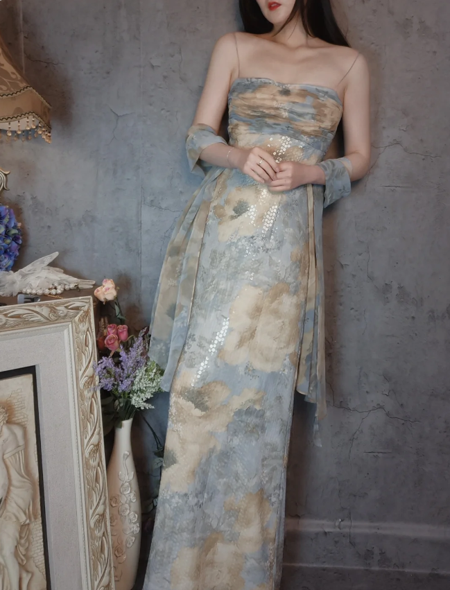 Vintage Eng anliegendes Spaghettiträger Pailletten Langes Ballkleid Abendkleid P4308