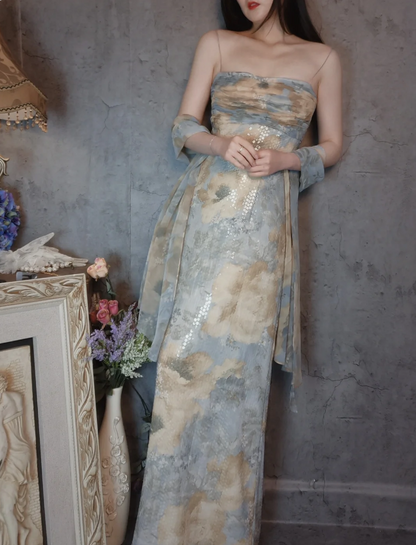 Vintage Eng anliegendes Spaghettiträger Pailletten Langes Ballkleid Abendkleid P4308