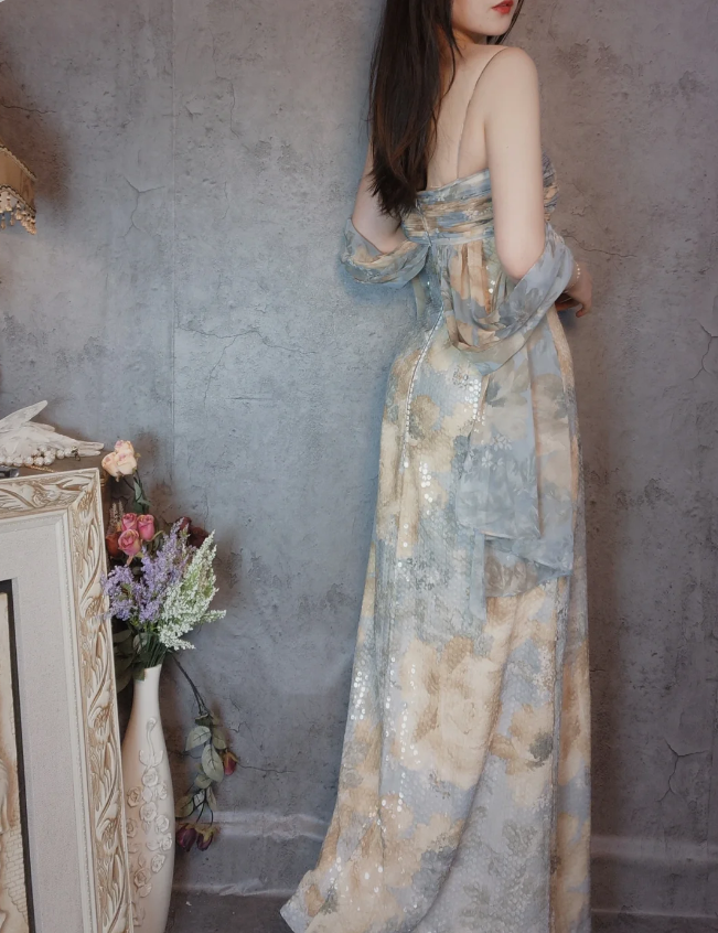 Vintage Eng anliegendes Spaghettiträger Pailletten Langes Ballkleid Abendkleid P4308