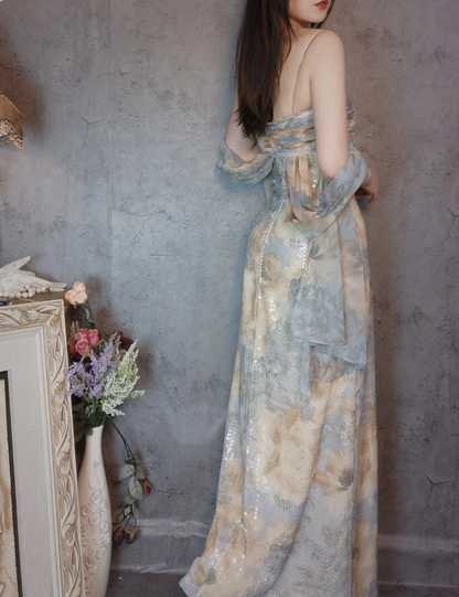 Vintage Eng anliegendes Spaghettiträger Pailletten Langes Ballkleid Abendkleid P4308